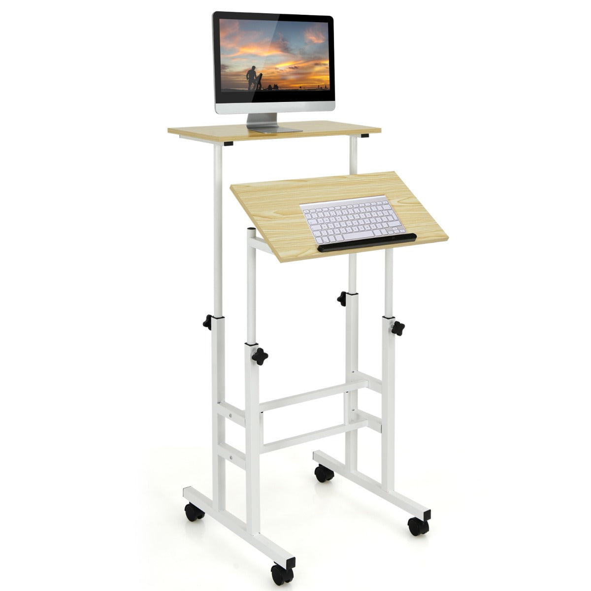 Costway - Schreibtisch, Sitz-Steh-Schreibtisch. Stehschreibtisch, höhenverstellbar, rollender, Weiß + Natur