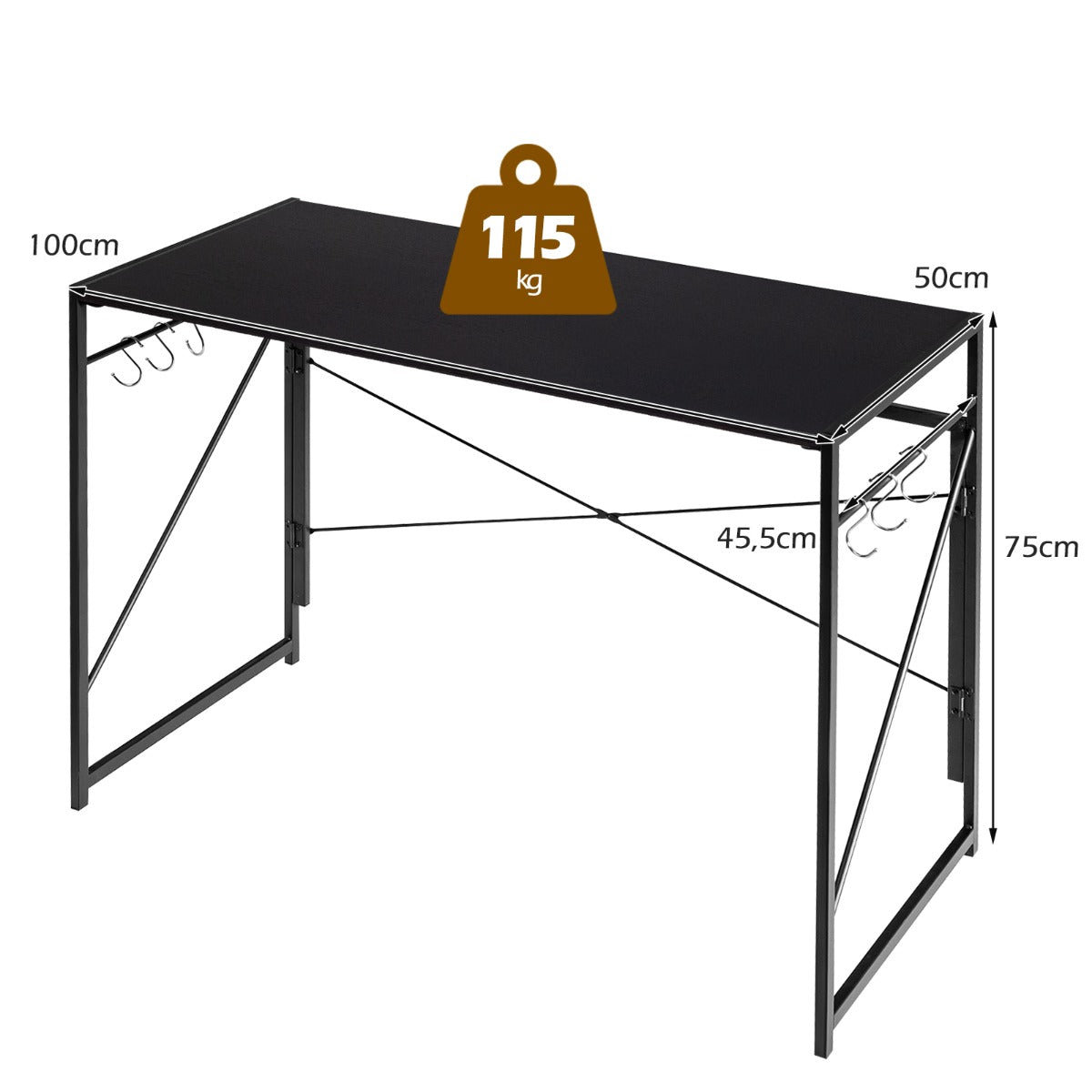 Costway - Klappbarer Computertisch Arbeitstisch mit Metallrahmen Laptop-Tisch bis 115 kg belastbar 100 x 50 x 75 cm Schwarz