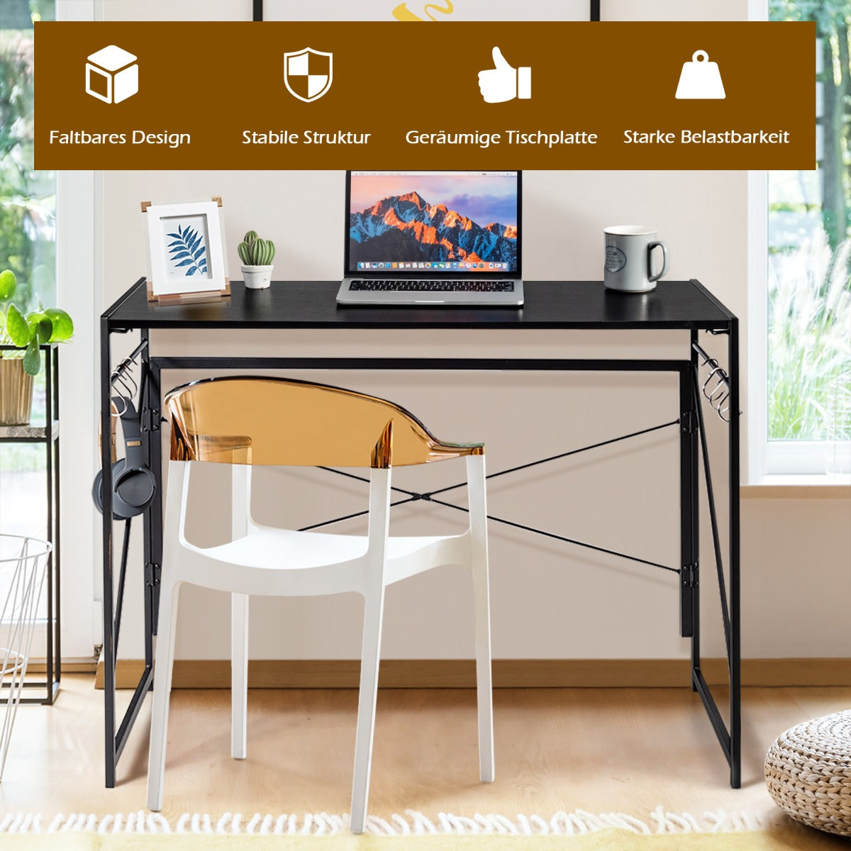 Costway - Klappbarer Computertisch Arbeitstisch mit Metallrahmen Laptop-Tisch bis 115 kg belastbar 100 x 50 x 75 cm Schwarz