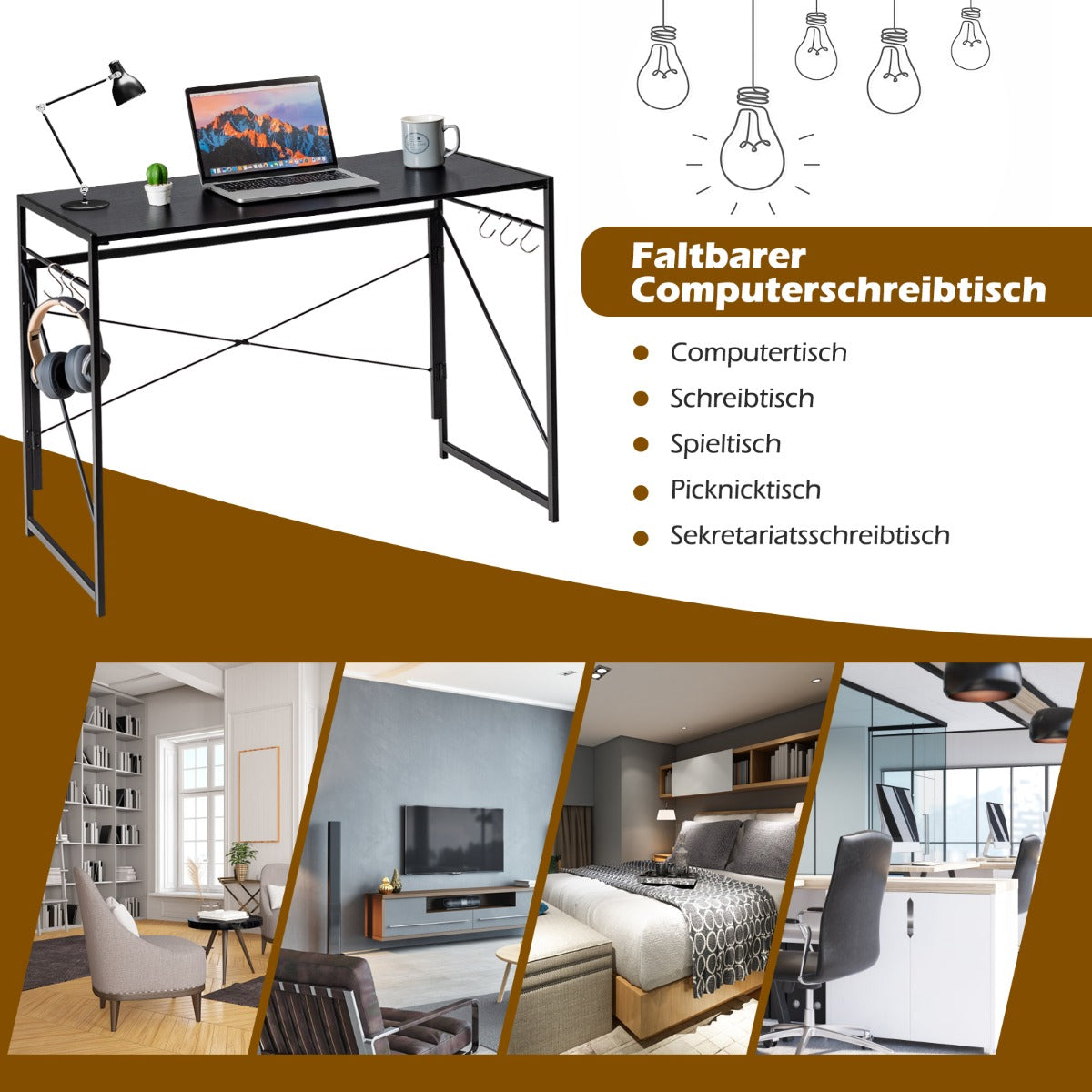 Costway - Klappbarer Computertisch Arbeitstisch mit Metallrahmen Laptop-Tisch bis 115 kg belastbar 100 x 50 x 75 cm Schwarz