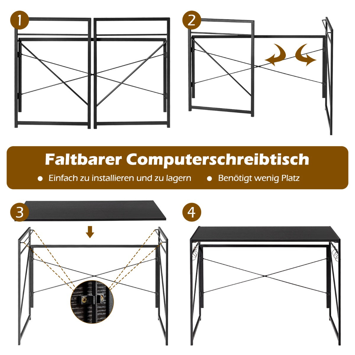 Costway - Klappbarer Computertisch Arbeitstisch mit Metallrahmen Laptop-Tisch bis 115 kg belastbar 100 x 50 x 75 cm Schwarz