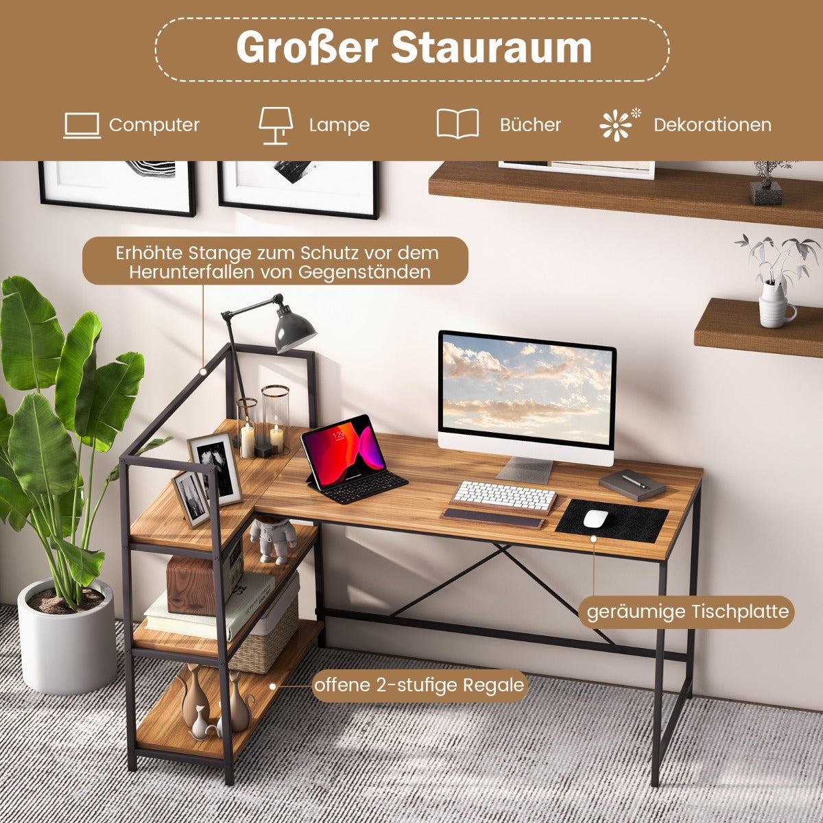 Costway - 148 cm langer L-förmiger Computertisch mit offenen Ablagen platzsparender Schreibtisch zum moderner Arbeitsplatz Walnuss