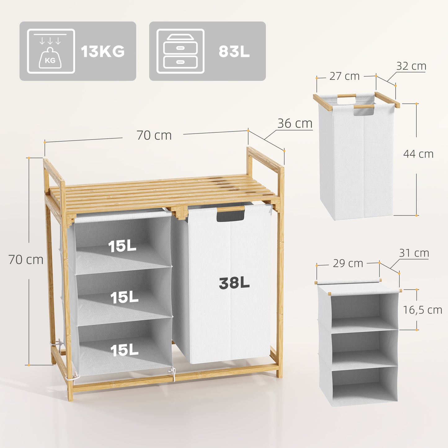 Wäschekorb, 83L, Wäschesammler, 4 Fächer, Wäschebox, Badezimmer Regal, mit offene Ablagen, Bambus, Weiß, HOMCOM, 3