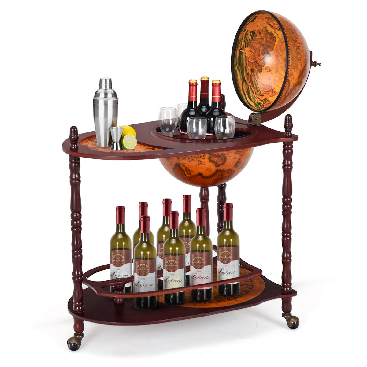 Flaschenregal, Weinregal mit Rollen, Globusbar aus Eukalyptusholz auf 3 Rollen zum Öffnen Heimbar, Costway