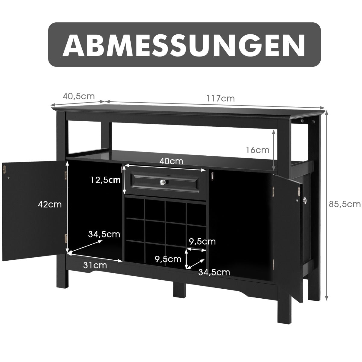 Sideboard, Weinregal, Flaschenregal, Modernes Esszimmerbuffet mit Weinregal und Schränken & Schublade, Schwarz, Costway, 6