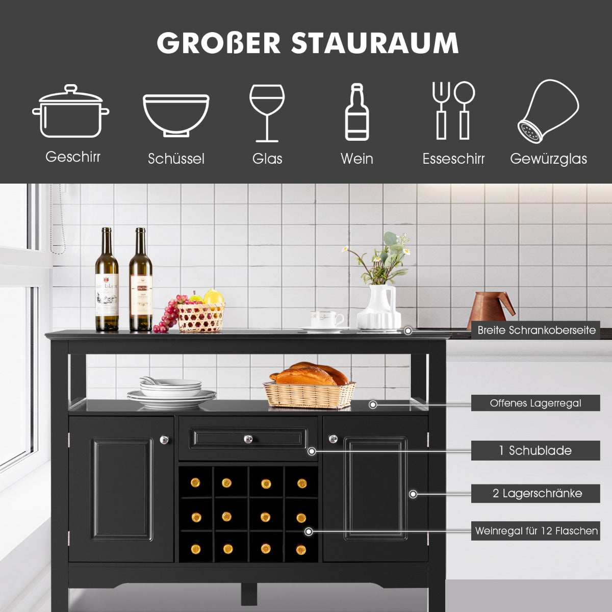 Sideboard, Weinregal, Flaschenregal, Modernes Esszimmerbuffet mit Weinregal und Schränken & Schublade, Schwarz, Costway, 1