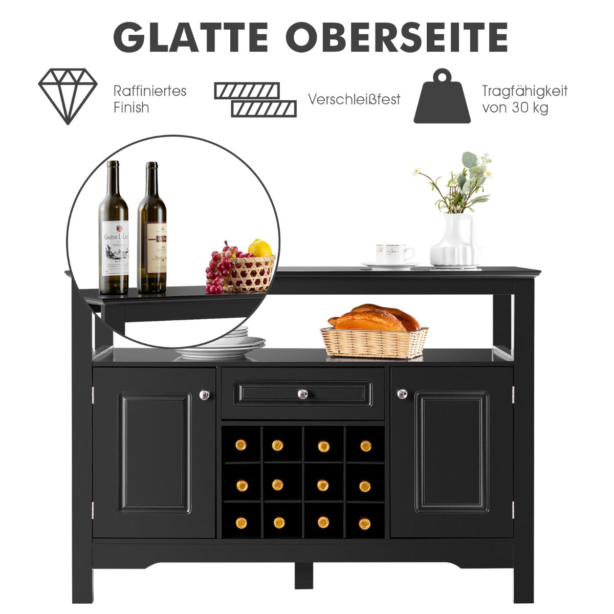 Sideboard, Weinregal, Flaschenregal, Modernes Esszimmerbuffet mit Weinregal und Schränken & Schublade, Schwarz, Costway, 2