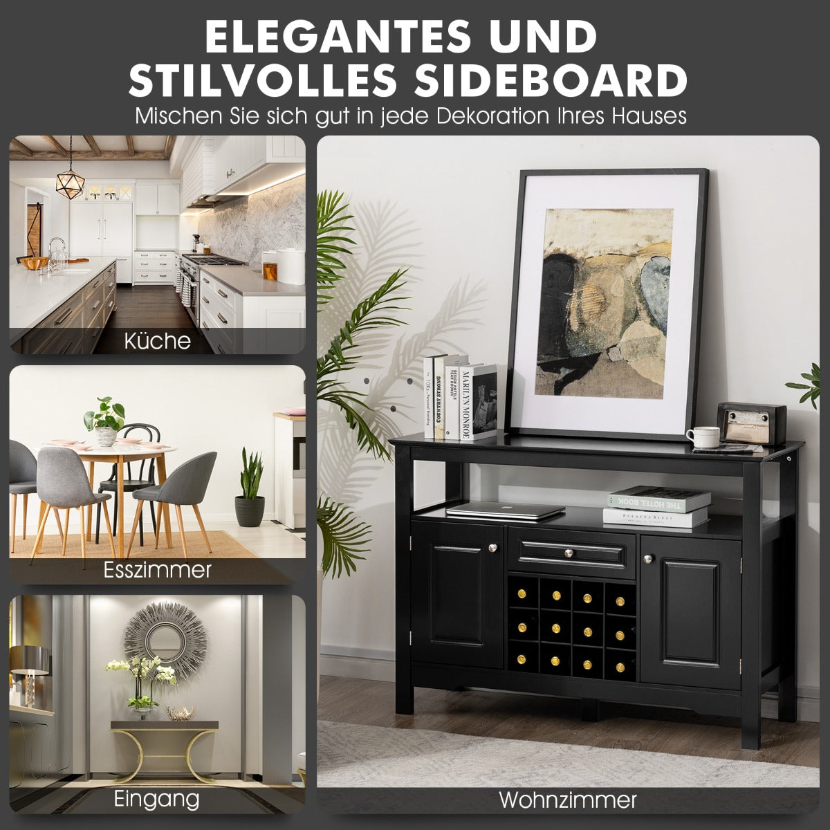 Sideboard, Weinregal, Flaschenregal, Modernes Esszimmerbuffet mit Weinregal und Schränken & Schublade, Schwarz, Costway, 4