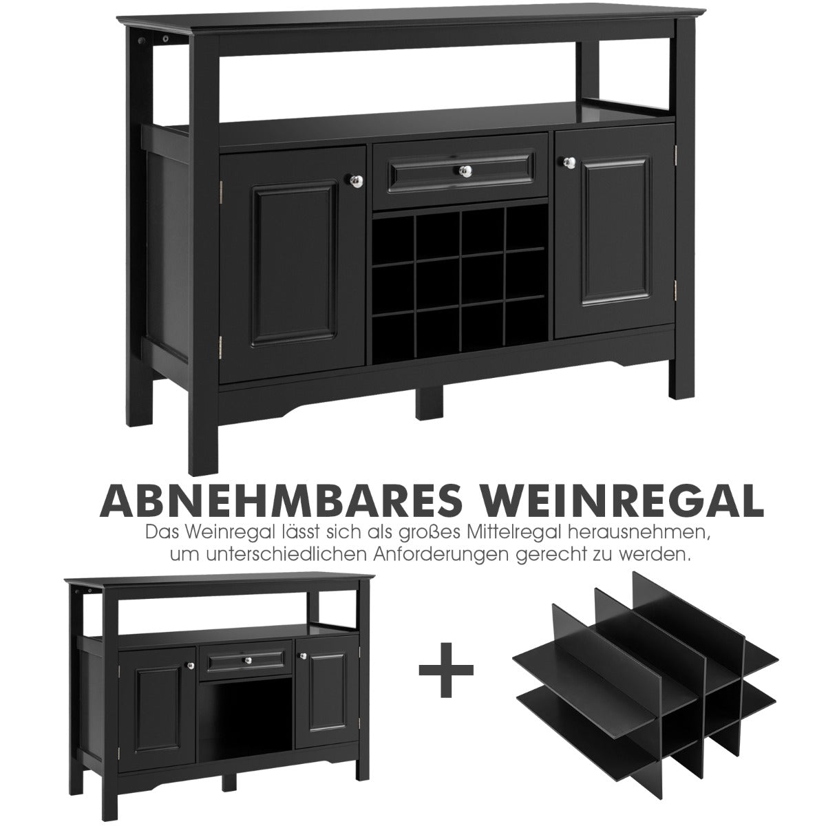 Sideboard, Weinregal, Flaschenregal, Modernes Esszimmerbuffet mit Weinregal und Schränken & Schublade, Schwarz, Costway, 5