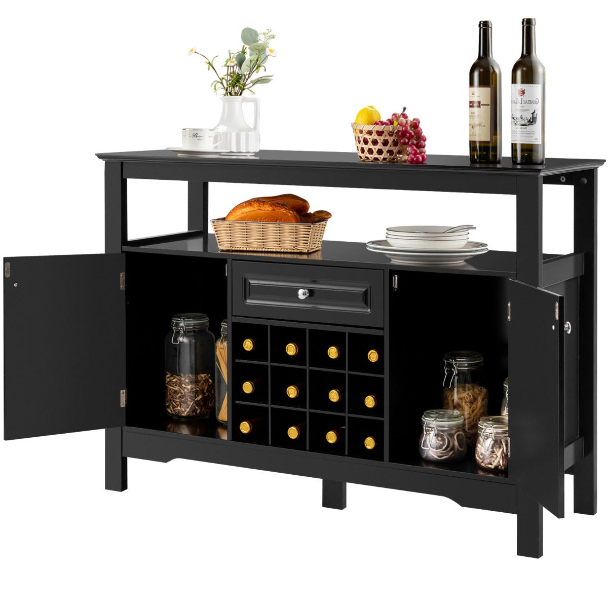 Sideboard, Weinregal, Flaschenregal, Modernes Esszimmerbuffet mit Weinregal und Schränken & Schublade, Schwarz, Costway
