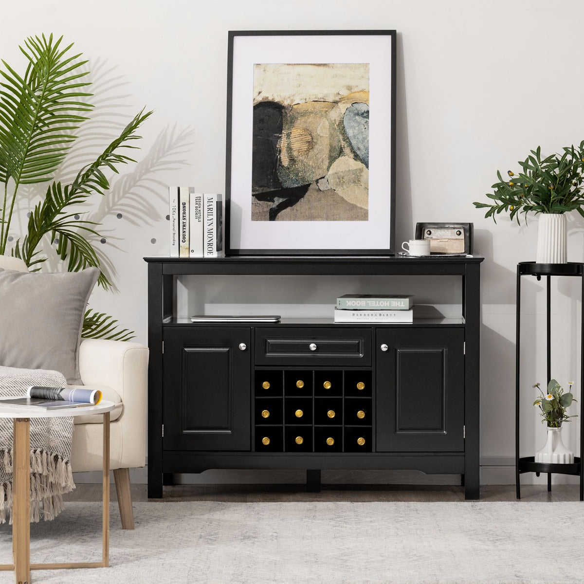 Sideboard, Weinregal, Flaschenregal, Modernes Esszimmerbuffet mit Weinregal und Schränken & Schublade, Schwarz, Costway, 7