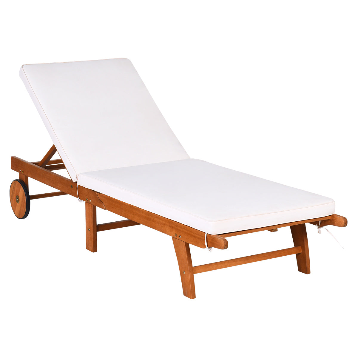 Costway - Gartenliege holz, Sonnenliege, Liegestuhl, mit verstellbarer Rückenlehne mit Rollen und Kissen, Relaxliege, Eukalyptusholz, Natürliche