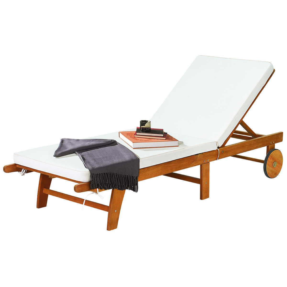 Costway - Gartenliege holz, Sonnenliege, Liegestuhl, mit verstellbarer Rückenlehne mit Rollen und Kissen, Relaxliege, Eukalyptusholz, Natürliche