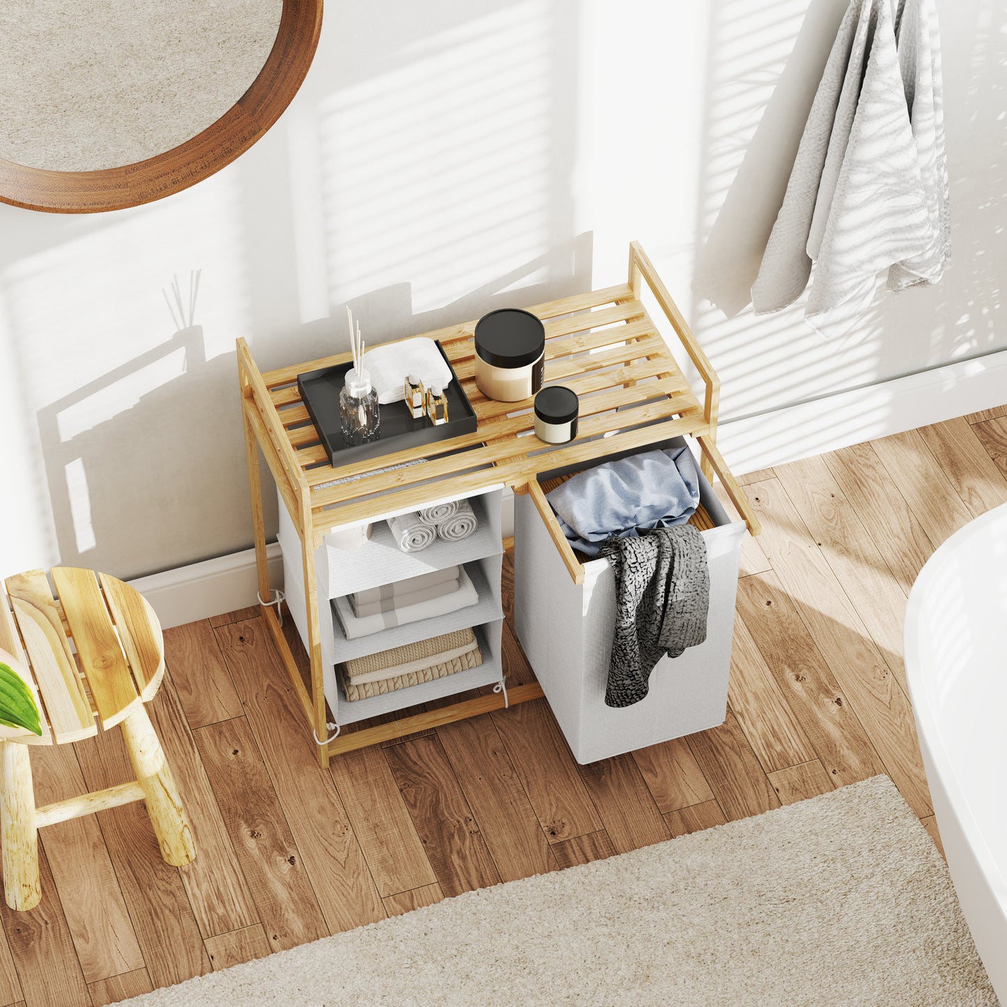Wäschekorb, 83L, Wäschesammler, 4 Fächer, Wäschebox, Badezimmer Regal, mit offene Ablagen, Bambus, Weiß, HOMCOM, 8