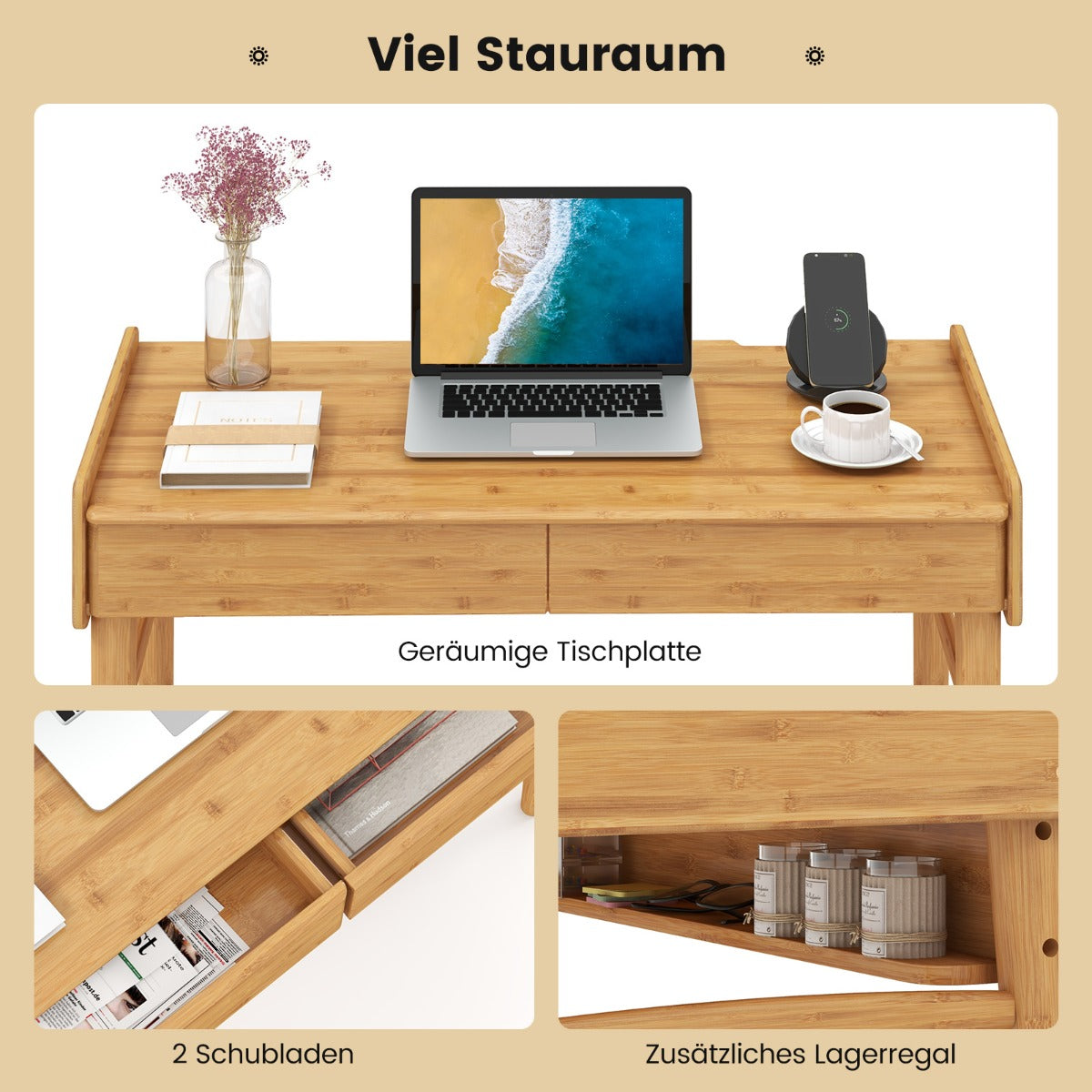 Costway - Computertisch mit Schubladen & Offenem Regal & Kabelführungsschlitz Schreibtisch Natur