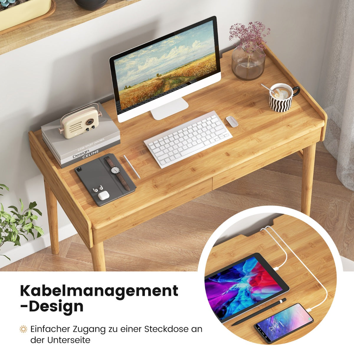 Costway - Computertisch mit Schubladen & Offenem Regal & Kabelführungsschlitz Schreibtisch Natur