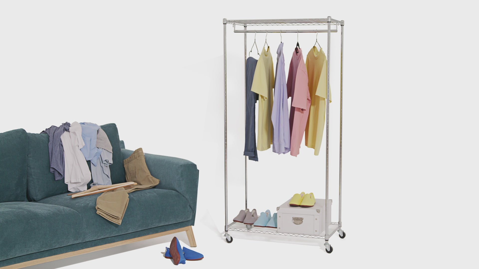 Stoffschrank, Faltschrank Stabil, Schwerlast Kleiderständer, bis 70kg, Kleiderschrank auf Rollen, Grau, art moon Buffalo, 6