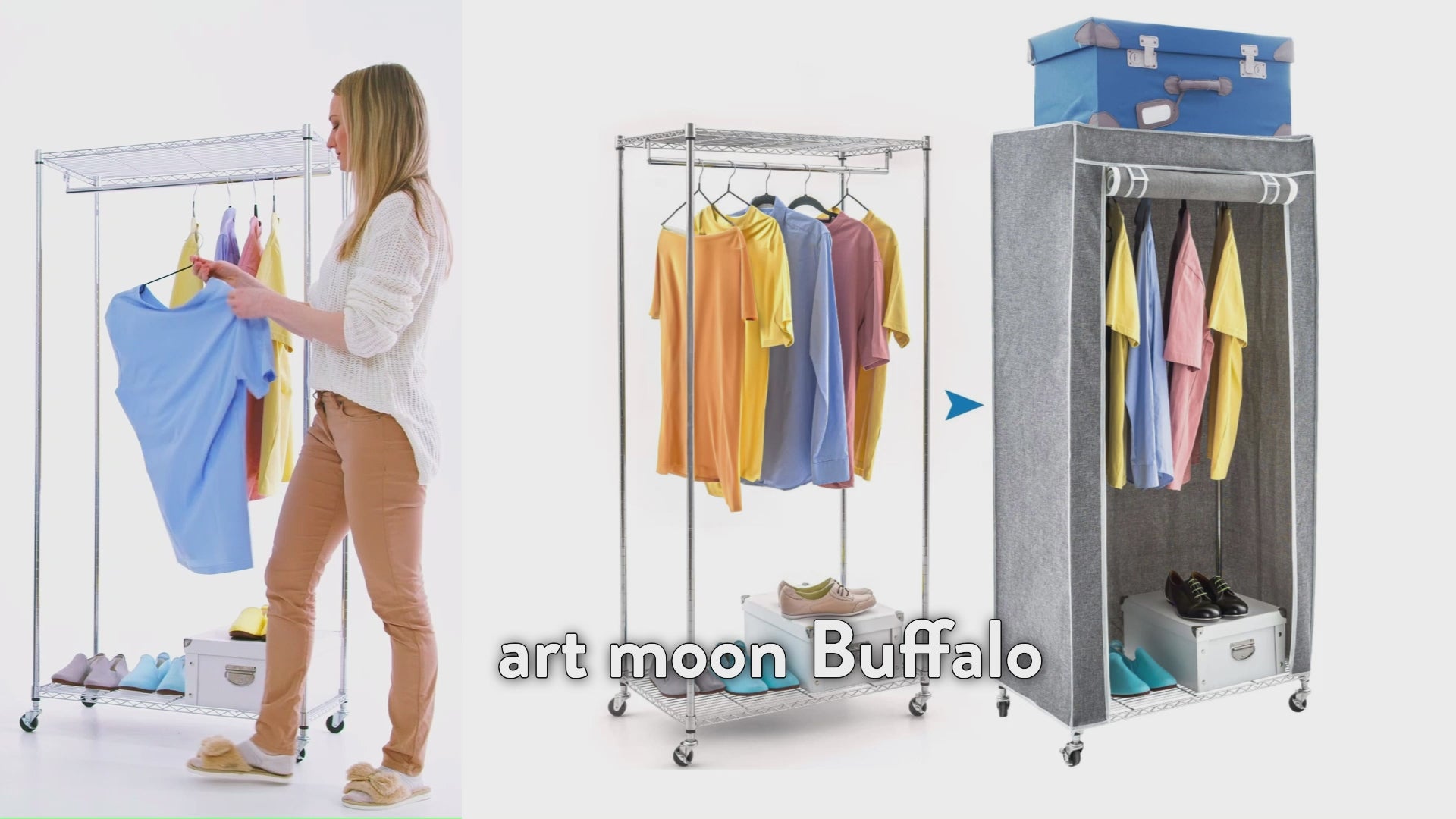 toffschrank, Faltschrank Stabil, Schwerlast Kleiderständer, bis 70kg, Kleiderschrank auf Rollen, Grau, art moon Buffalo, v