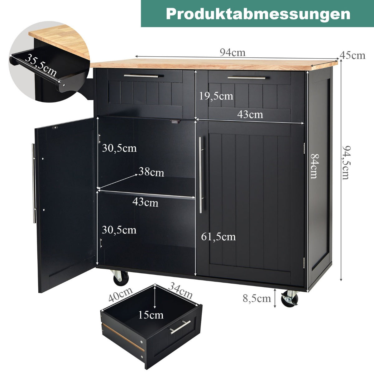 Kücheninsel, Küchenregal, Küchenwagen, Rollender Servierwagen mit Schubladen und Schränken, Schwarz, Costway, 7