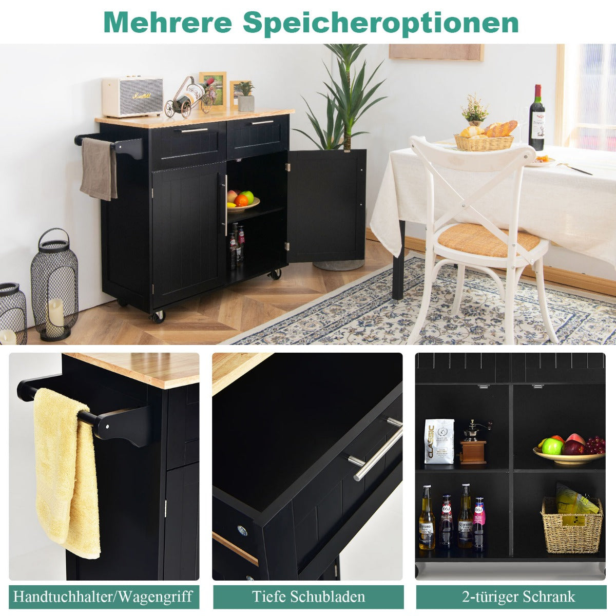 Kücheninsel, Küchenregal, Küchenwagen, Rollender Servierwagen mit Schubladen und Schränken, Schwarz, Costway, 3