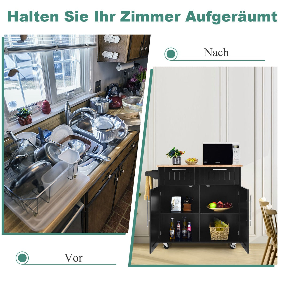 Kücheninsel, Küchenregal, Küchenwagen, Rollender Servierwagen mit Schubladen und Schränken, Schwarz, Costway, 4