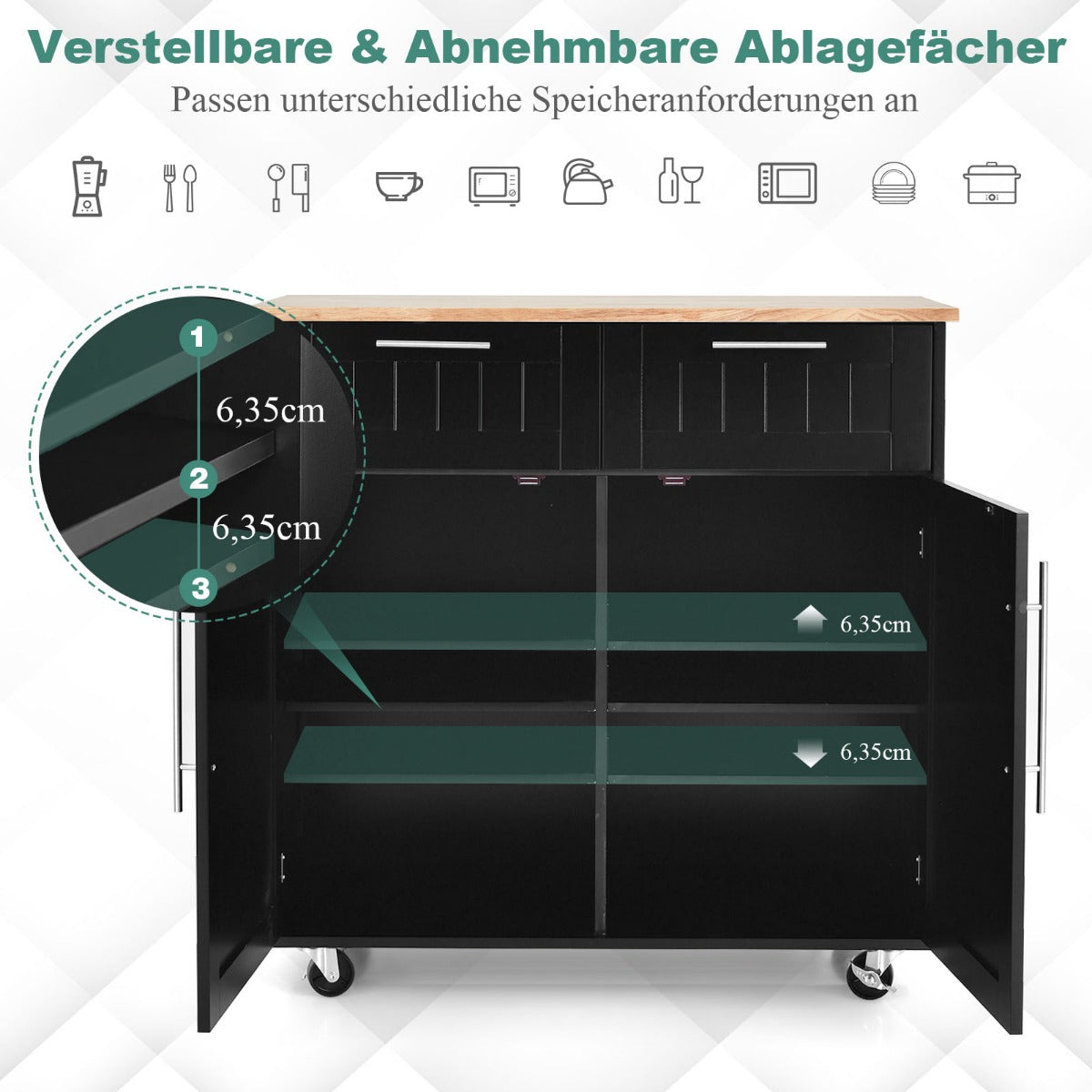 Kücheninsel, Küchenregal, Küchenwagen, Rollender Servierwagen mit Schubladen und Schränken, Schwarz, Costway, 6