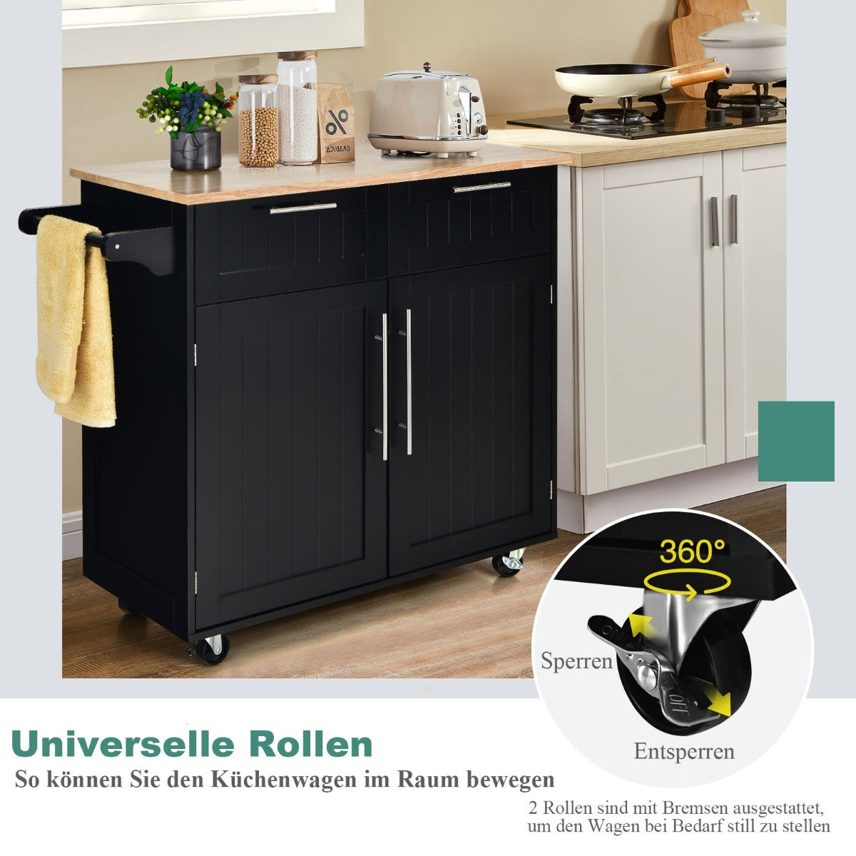Kücheninsel, Küchenregal, Küchenwagen, Rollender Servierwagen mit Schubladen und Schränken, Schwarz, Costway, 2