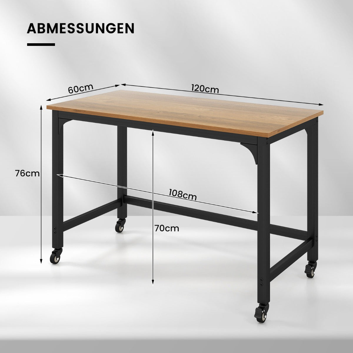 Costway - Schreibtisch mit Rollen & Metallrahmen Computertisch Bürotisch 120 x 60 x 76 cm Natur
