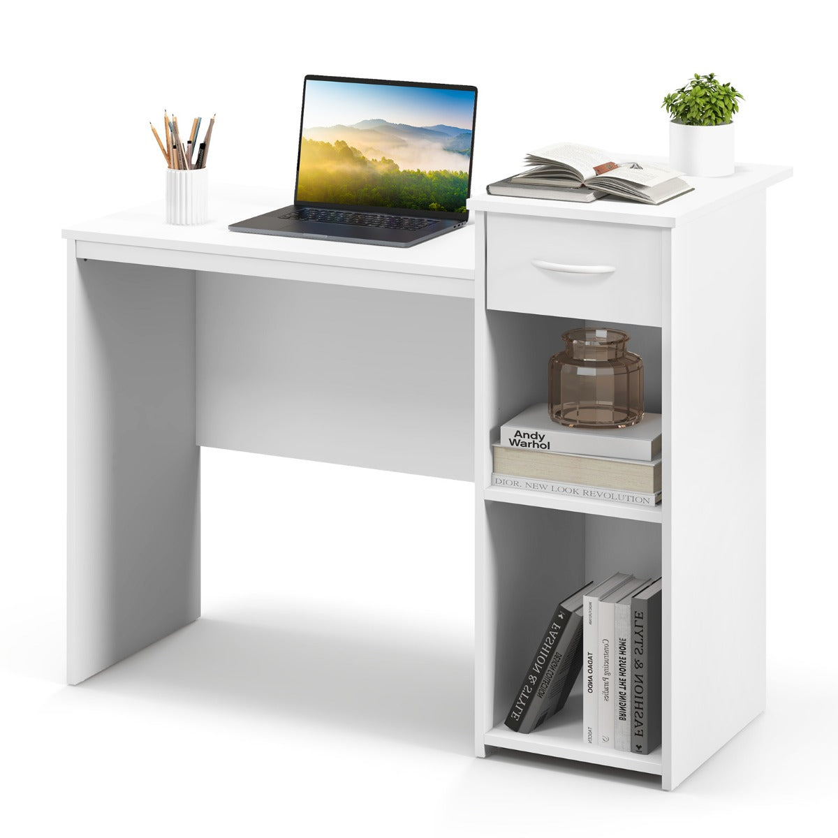 Costway - Schreibtisch mit Schublade und verstellbarem Regal Computertisch mit Kabelloch 110 x 50 x 82 cm Weiß