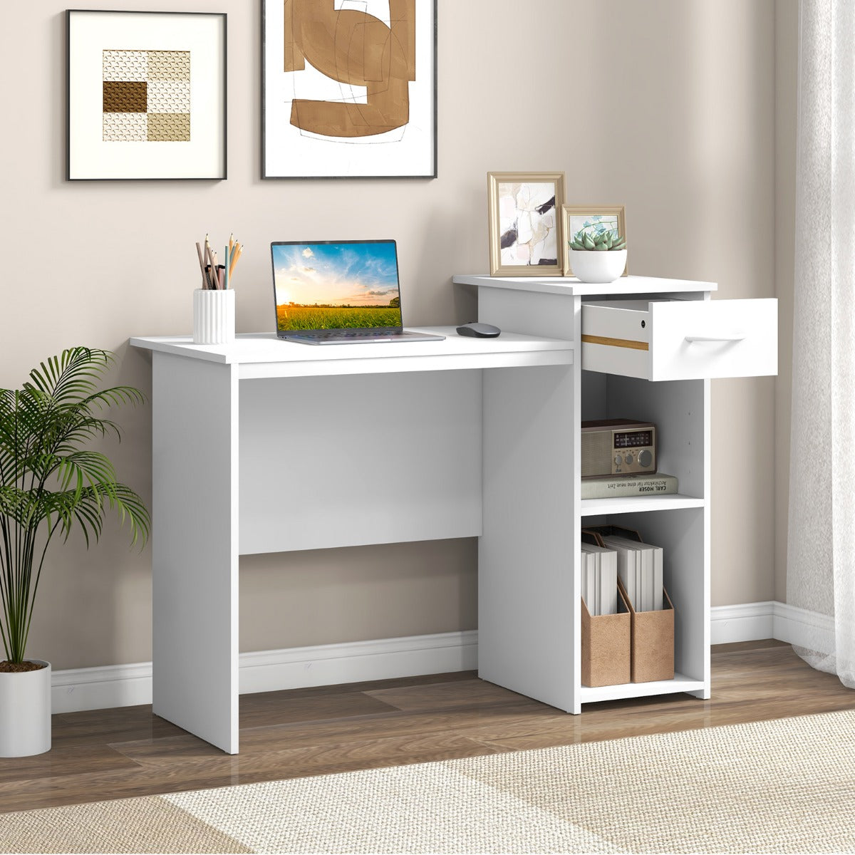 Costway - Schreibtisch mit Schublade und verstellbarem Regal Computertisch mit Kabelloch 110 x 50 x 82 cm Weiß