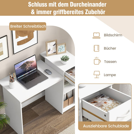 Costway - Schreibtisch mit Schublade und verstellbarem Regal Computertisch mit Kabelloch 110 x 50 x 82 cm Weiß