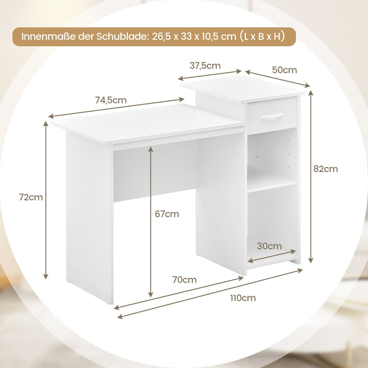 Costway - Schreibtisch mit Schublade und verstellbarem Regal Computertisch mit Kabelloch 110 x 50 x 82 cm Weiß