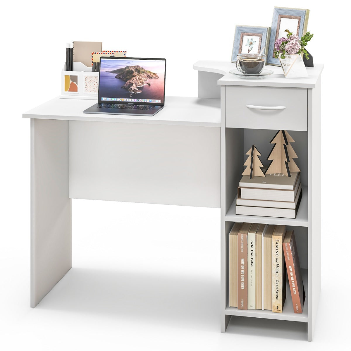 Costway - Schreibtisch mit Schublade Druckerablage und verstellbarem Regal Computertisch 102 x 49,5 x 84,5 cm Weiß