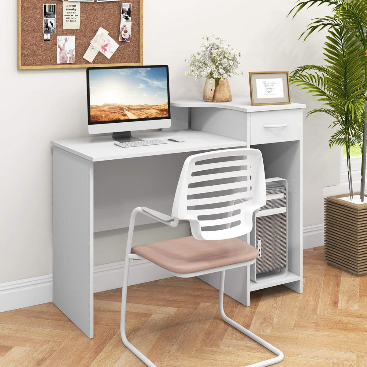 Costway - Schreibtisch mit Schublade Druckerablage und verstellbarem Regal Computertisch 102 x 49,5 x 84,5 cm Weiß