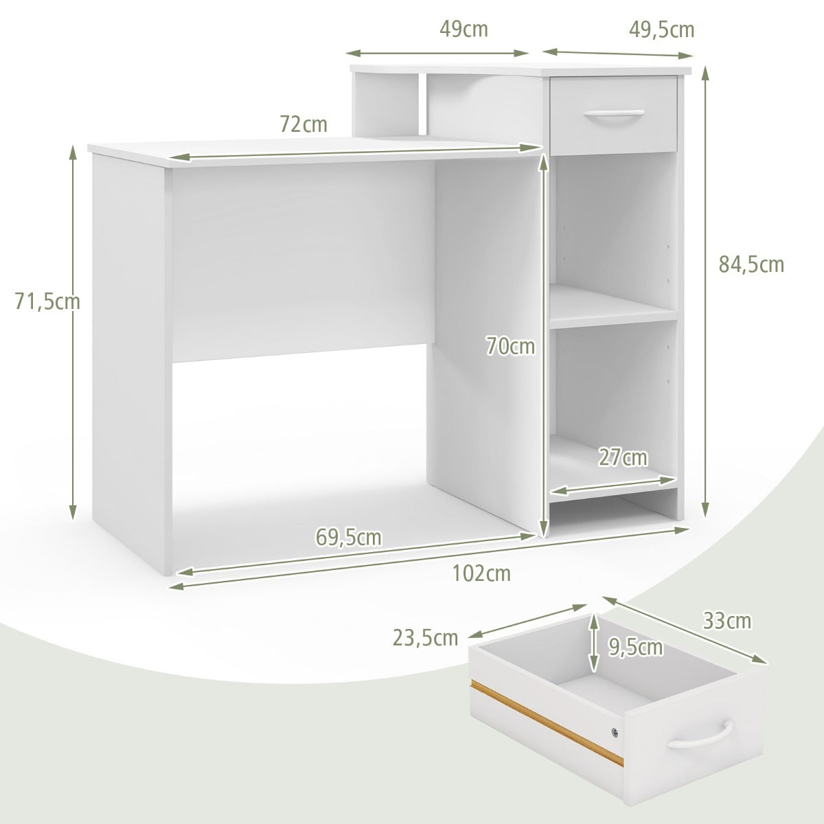 Costway - Schreibtisch mit Schublade Druckerablage und verstellbarem Regal Computertisch 102 x 49,5 x 84,5 cm Weiß