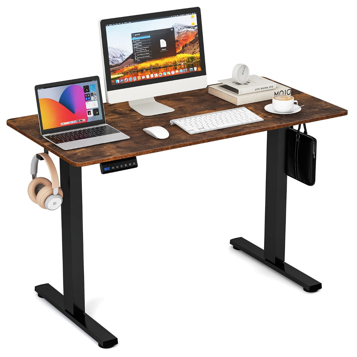 Costway - Höhenverstellbarer Schreibtisch 120 x 60 cm elektrischer Stehschreibtisch Rustikales Braun + Schwarz