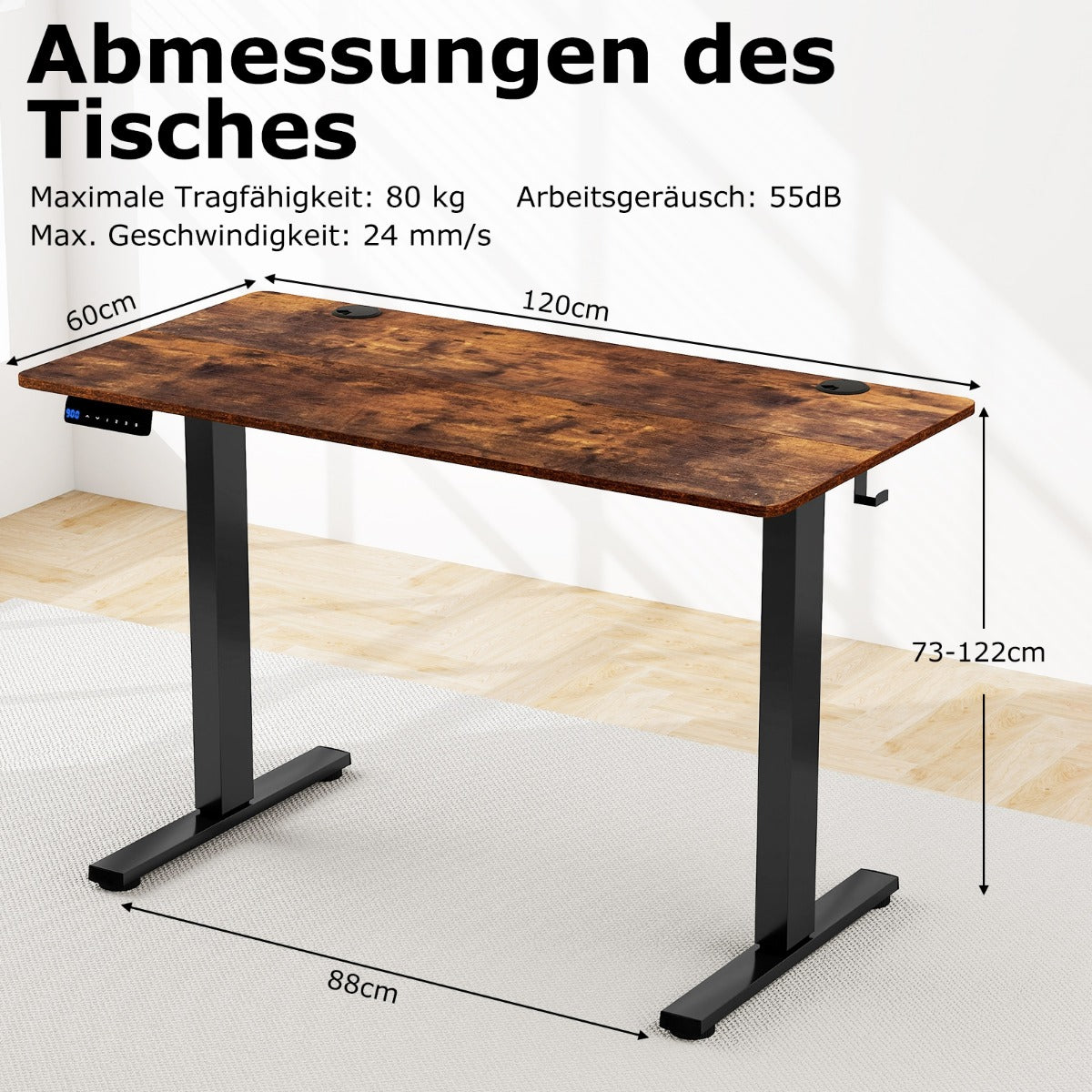 Costway - Höhenverstellbarer Schreibtisch 120 x 60 cm elektrischer Stehschreibtisch Rustikales Braun + Schwarz
