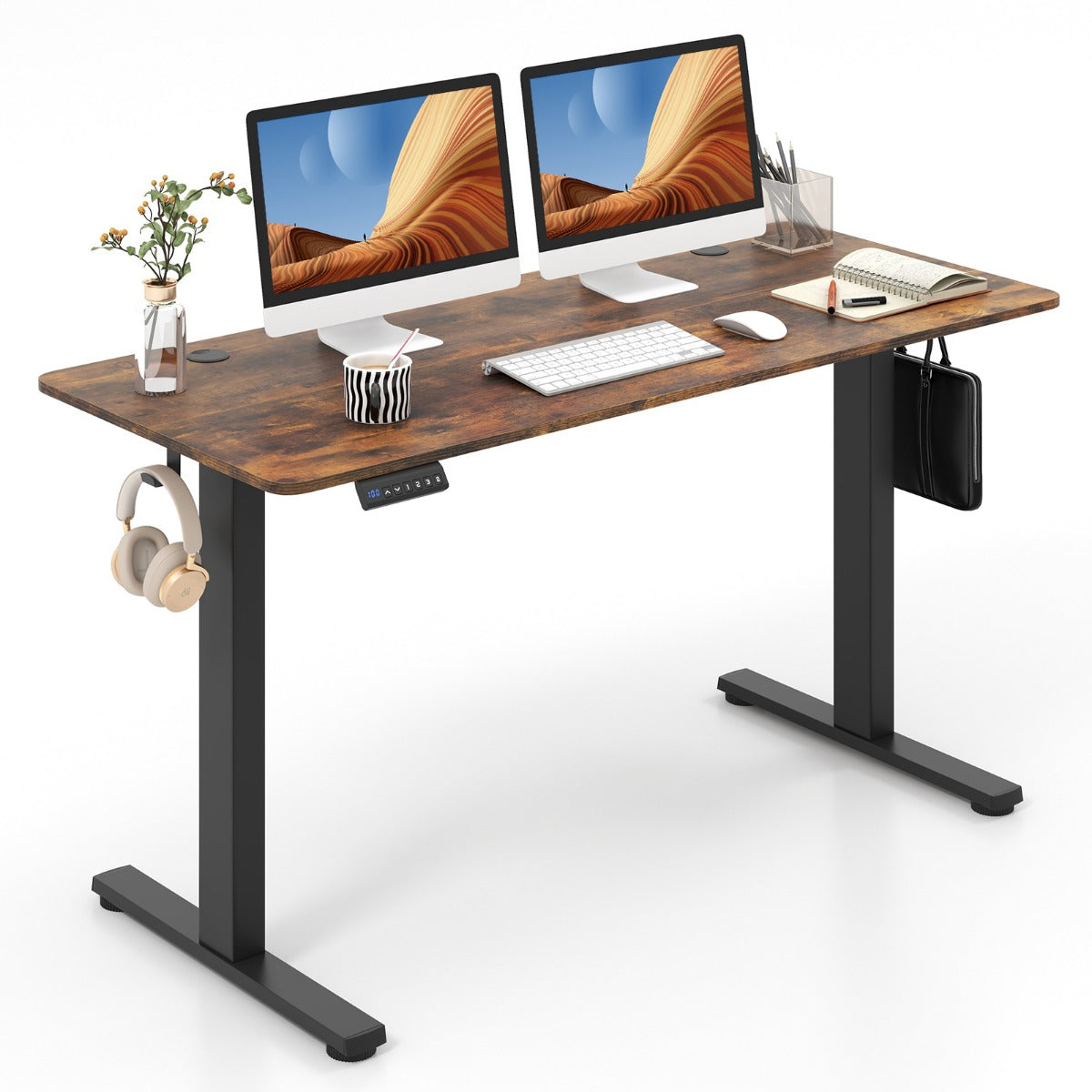 Costway - Höhenverstellbarer Schreibtisch 140 x 60 cm elektrischer Stehschreibtisch Rustikales Braun + Schwarz