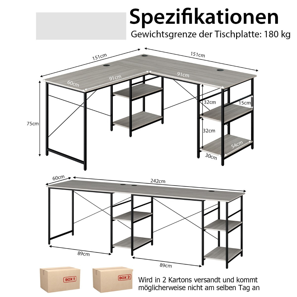 Costway - Schreibtisch L-Form Reversibler Eckschreibtisch mit 4 Ablagen 151 x 151 x 75 cm Grau