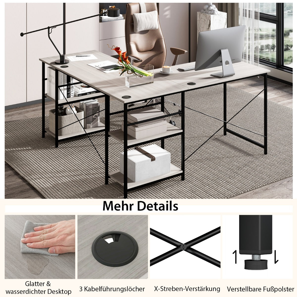 Costway - Schreibtisch L-Form Reversibler Eckschreibtisch mit 4 Ablagen 151 x 151 x 75 cm Grau