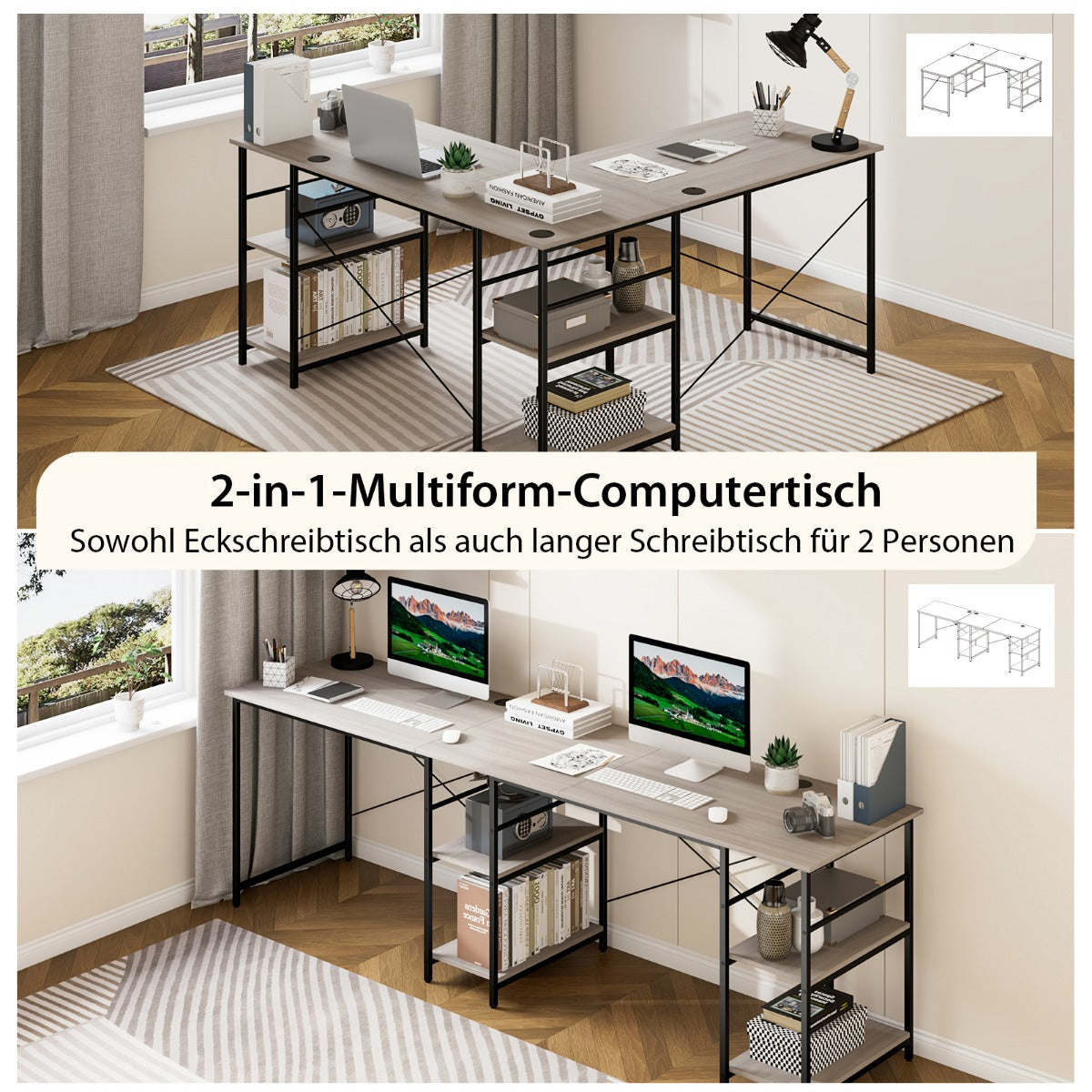 Costway - Schreibtisch L-Form Reversibler Eckschreibtisch mit 4 Ablagen 151 x 151 x 75 cm Grau