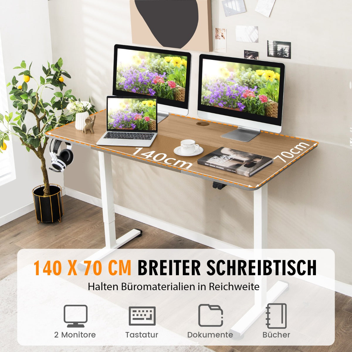 Costway - 140 x 70 cm Elektrischer Höhenverstellbarer Schreibtisch mit Stopp-Mechanismus & Haken Grau