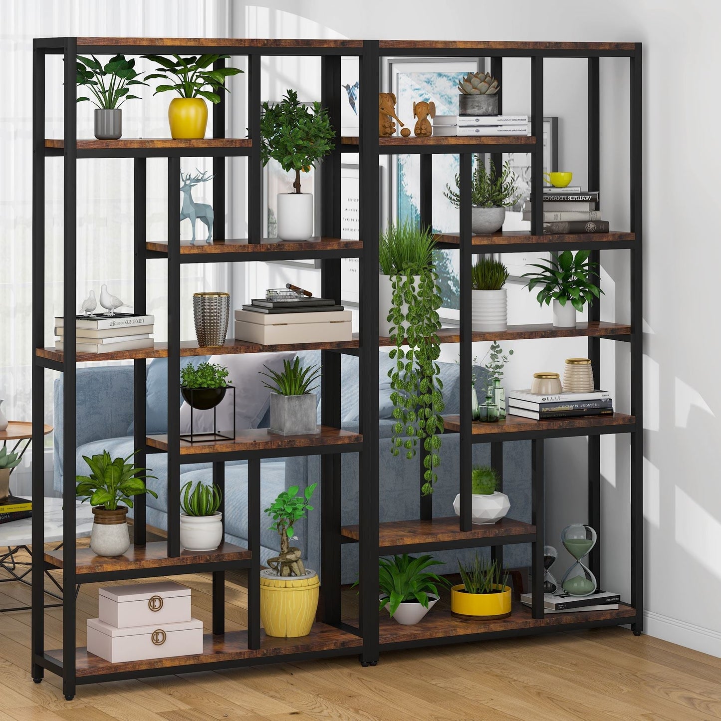 Bücherregal, mit 7 Ebenen, Schmales Regal, 100 x 30 x 200 cm, Bücherständer, Standregal mit Stahlrahmen, Freistehendes Regal, Braun, Tribesigns, 5