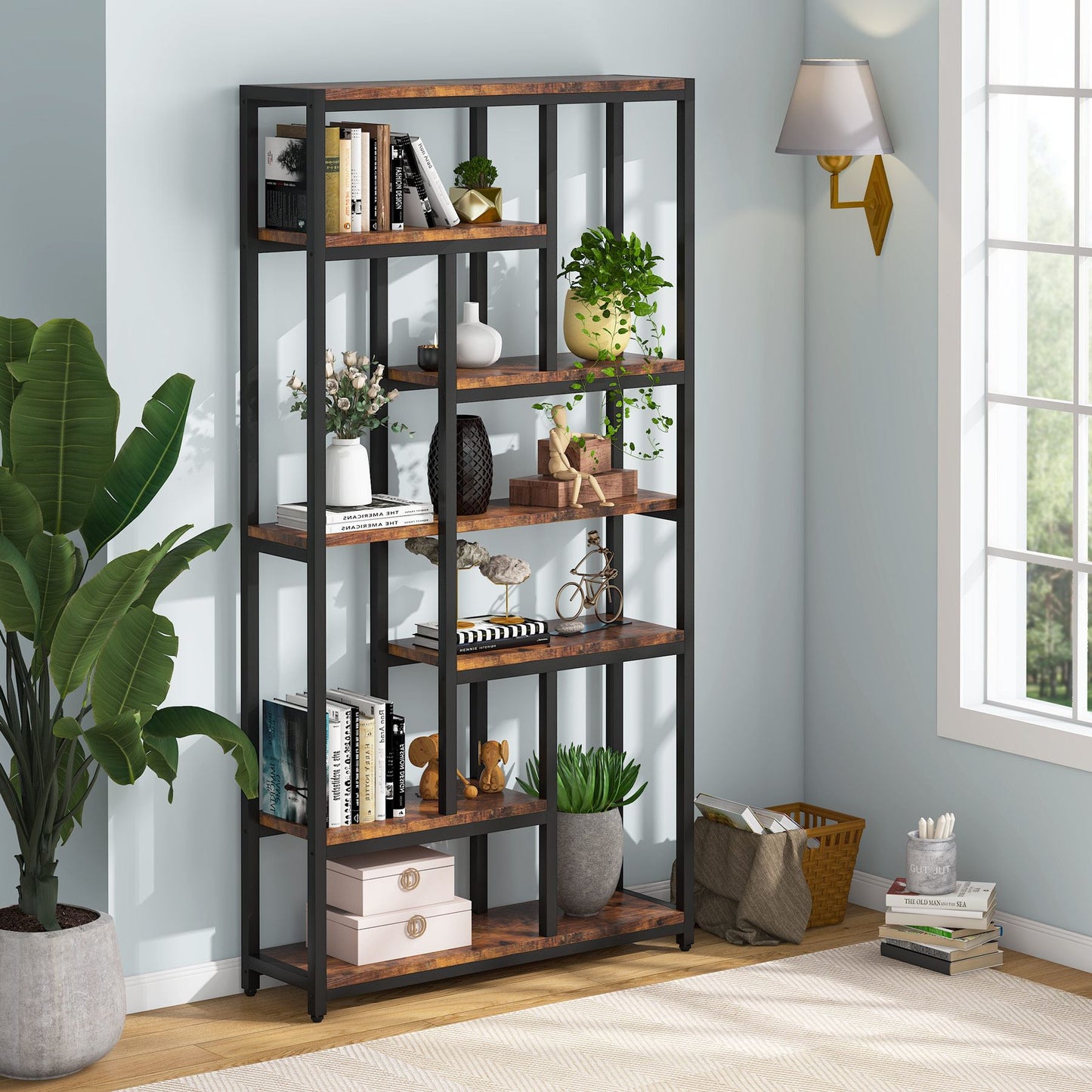 Bücherregal, mit 7 Ebenen, Schmales Regal, 100 x 30 x 200 cm, Bücherständer, Standregal mit Stahlrahmen, Freistehendes Regal, Braun, Tribesigns, 4