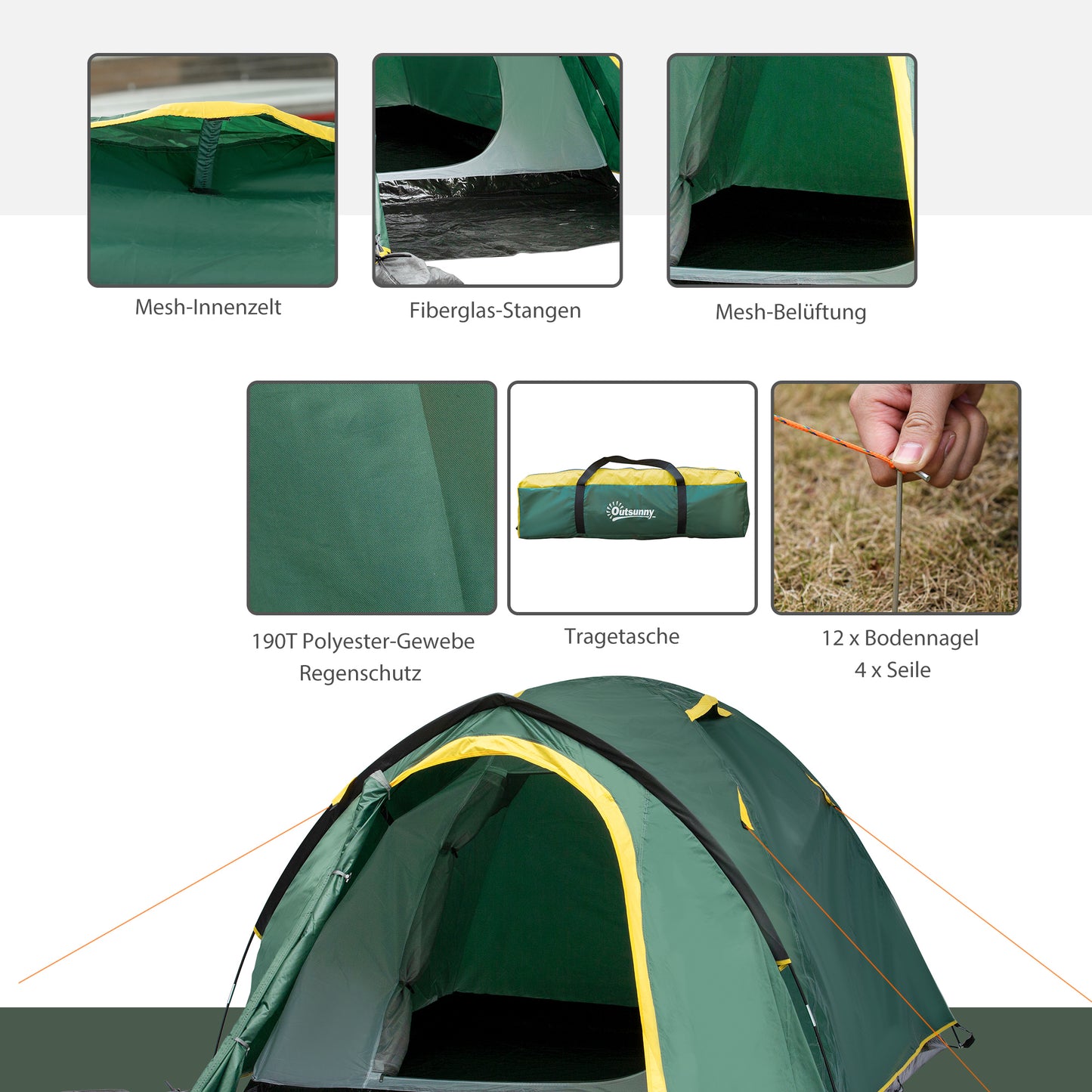 Outsunny - Kuppelzelt 2-3 Personen 190T Glasfaser Polyester Grün+Gelb 325x183x130cm Heringe