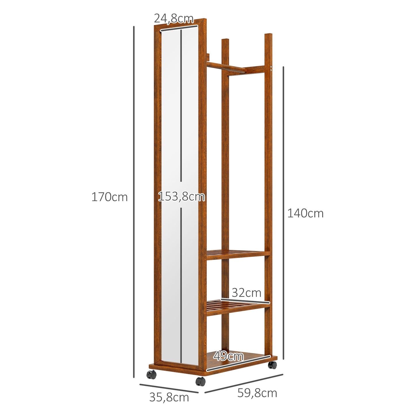 Standspiegel, Garderobe mit Spiegel, Kleiderständer Holz, Ganzkörperspiegel, Kleiderständer auf rollen, 3 Ebenen, Kiefernholz, HOMCOM, 2