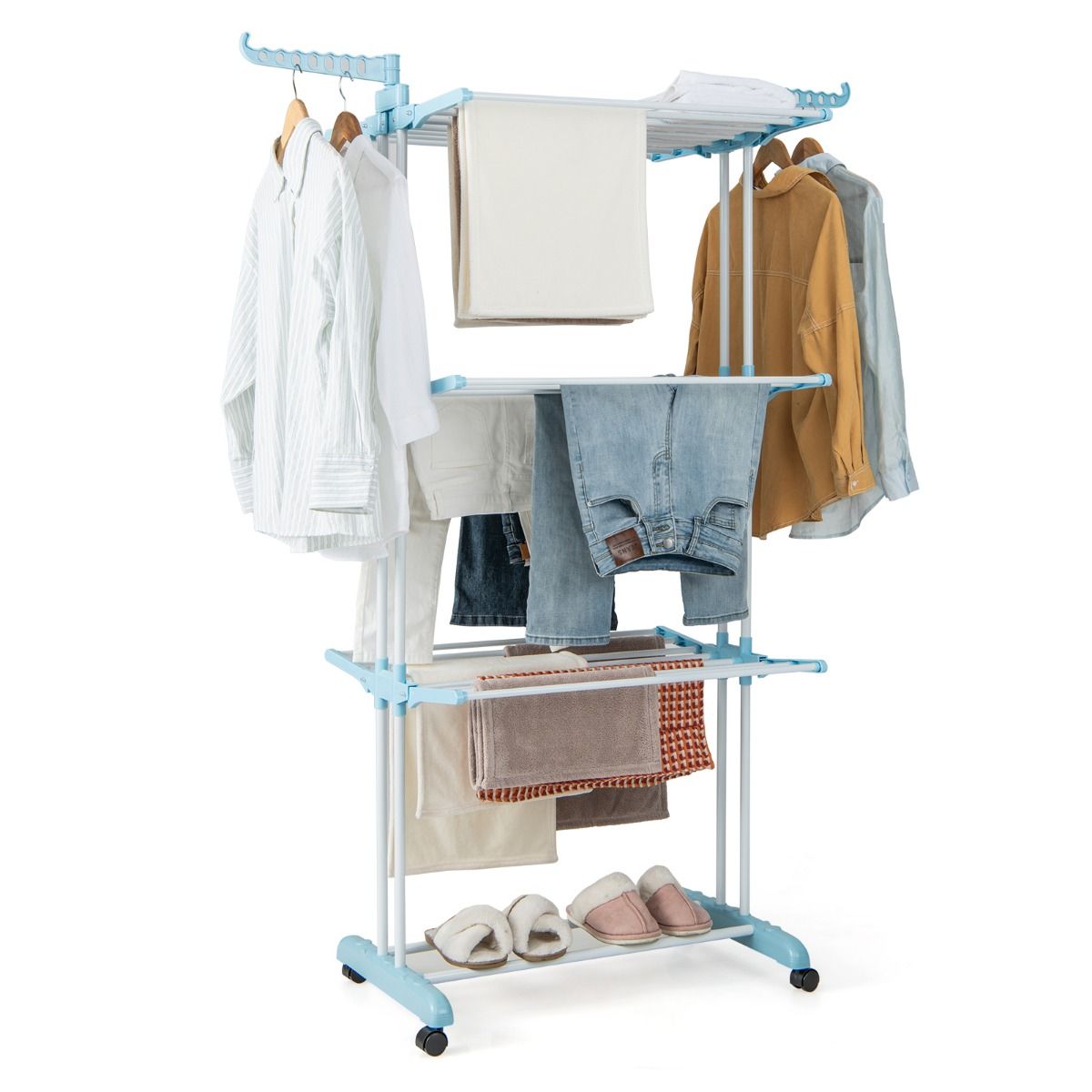 Wäscheständer Turm, 4-stufiger Wäscheständer Klappbar, mit rollen, Wäscheständer hoch, Wäscheständer balkon, Blau, Costway, 2