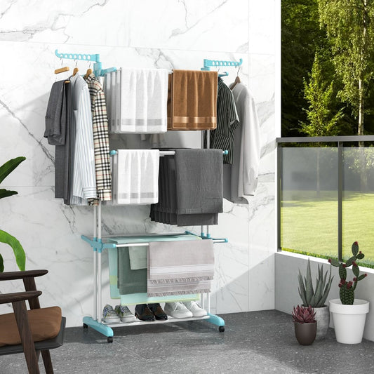 Wäscheständer Turm, 4-stufiger Wäscheständer Klappbar, mit rollen, Wäscheständer hoch, Wäscheständer balkon, Blau, Costway, 1