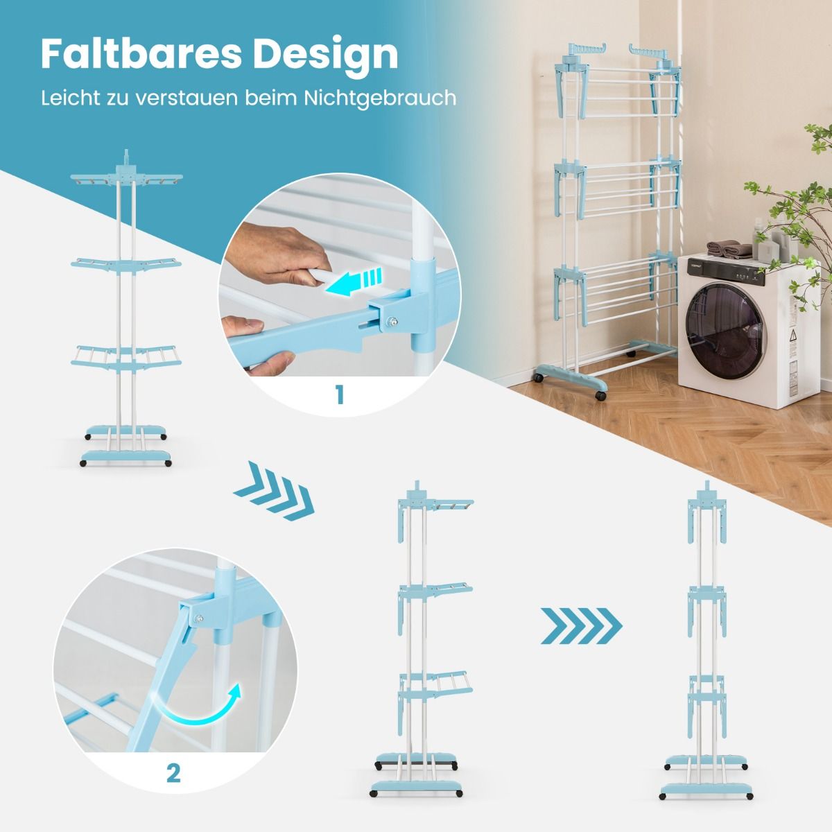 Wäscheständer Turm, 4-stufiger Wäscheständer Klappbar, mit rollen, Wäscheständer hoch, Wäscheständer balkon, Blau, Costway, 5