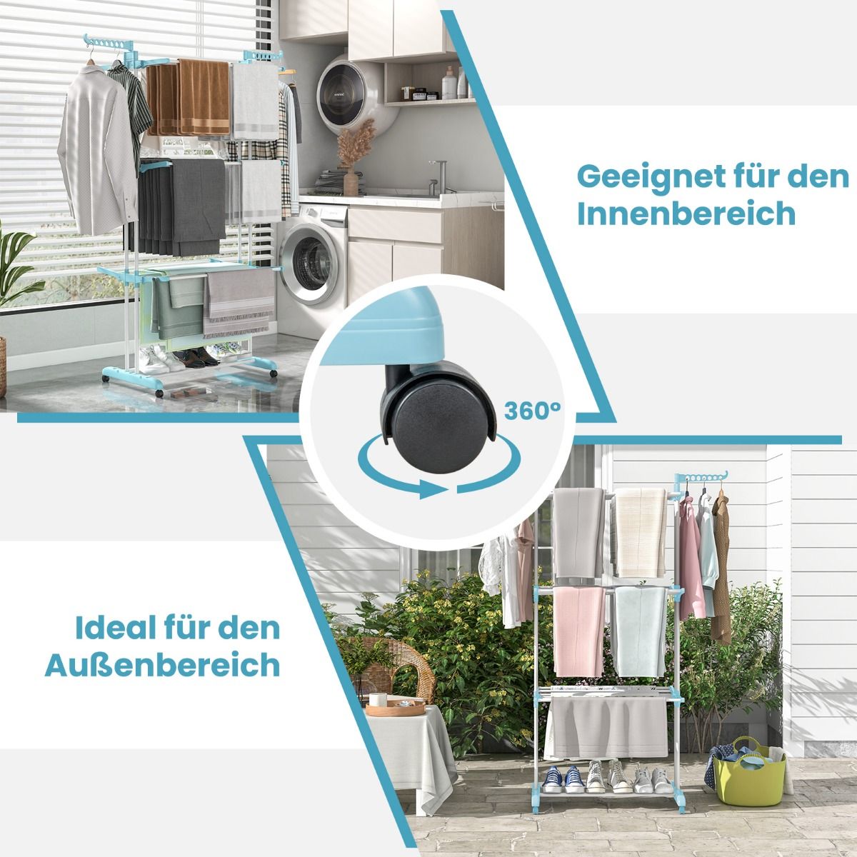 Wäscheständer Turm, 4-stufiger Wäscheständer Klappbar, mit rollen, Wäscheständer hoch, Wäscheständer balkon, Blau, Costway, 6